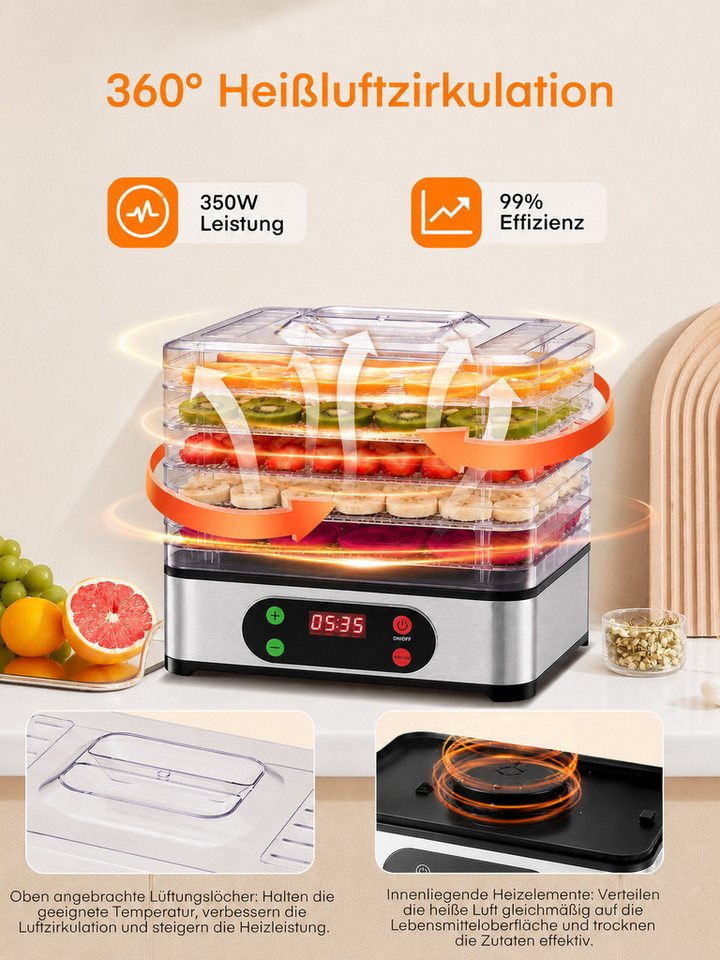 wohnTRAUM24 Dörrautomat Dörrgerät mit Temperaturregler, 72h-Timer, 5 Einlegefächer, 35-70°C 350 W, 5 Etagen, BPA-frei, Spülmaschinengeeignete Teile, für Obst, Gemüse, Fleisch Bild 5