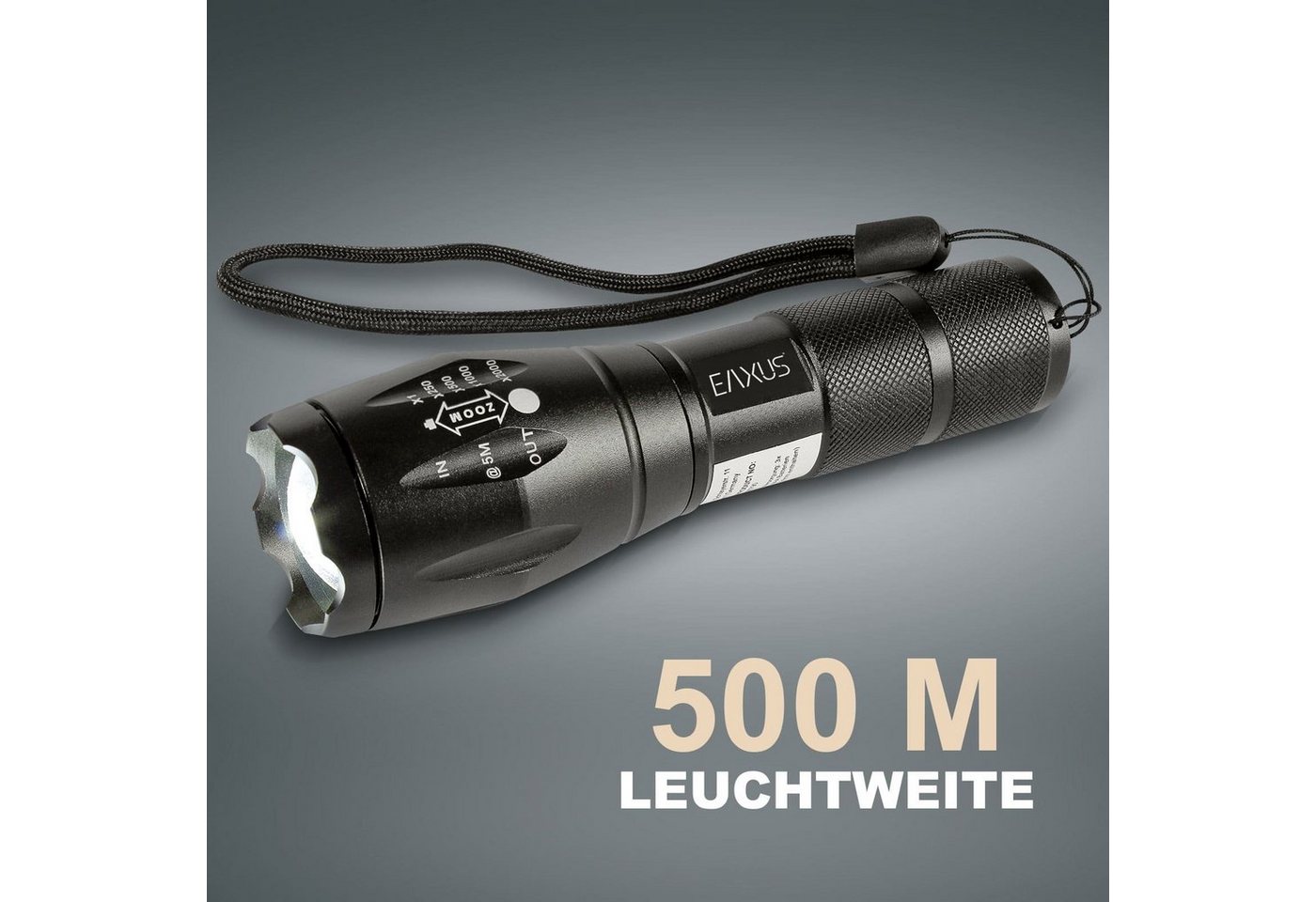 EAXUS LED Taschenlampe Taktische Taschenlampe Zoombar (4-St), 5 Leuchtmodi, SOS-Modus, Aluminium-Gehäuse, 1000 Lumen
