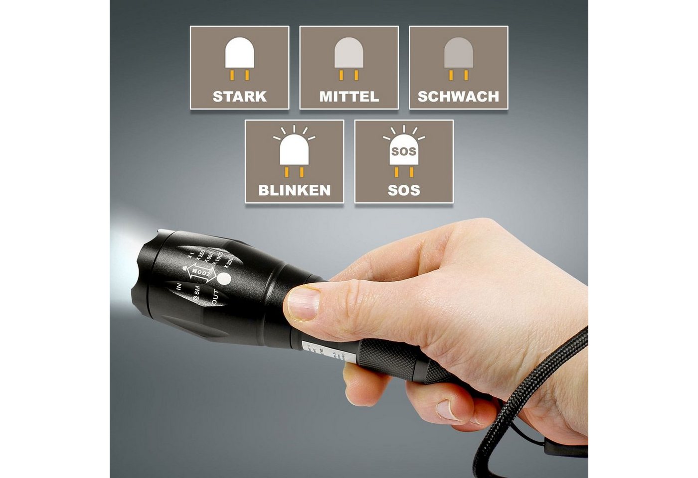 EAXUS LED Taschenlampe Taktische Taschenlampe Zoombar (4-St), 5 Leuchtmodi, SOS-Modus, Aluminium-Gehäuse, 1000 Lumen Bild 4