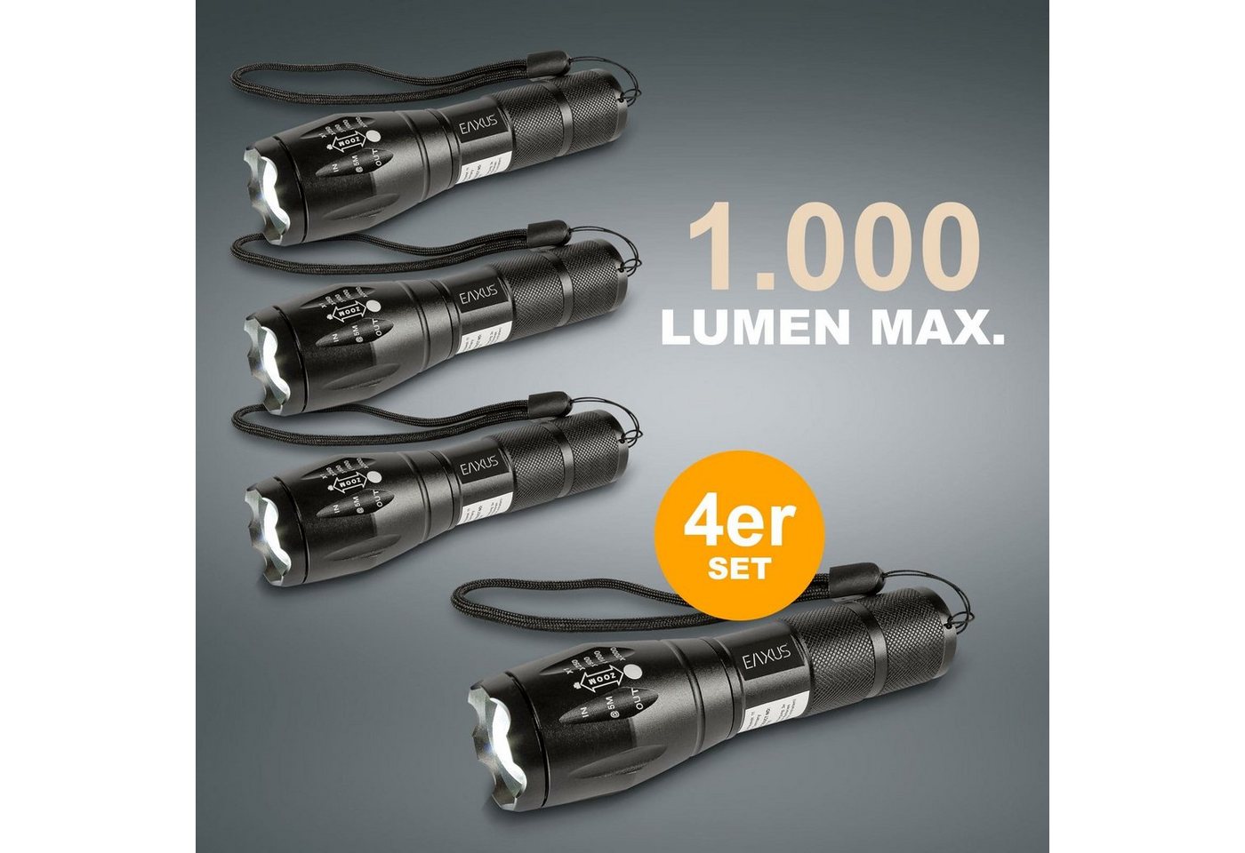 EAXUS LED Taschenlampe Taktische Taschenlampe Zoombar (4-St), 5 Leuchtmodi, SOS-Modus, Aluminium-Gehäuse, 1000 Lumen Bild 5