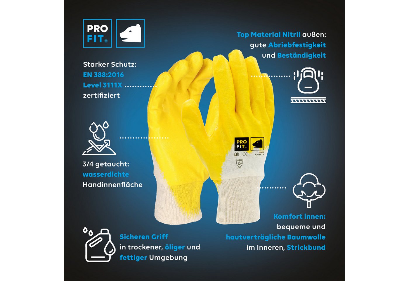 PRO FIT Nitril-Handschuhe Arbeitshandschuhe, Gartenhandschuh ¾ beschichtet, Mechaniker-Handschuh (12, Paar) Wasserdichte Handinnenfläche Bild 4