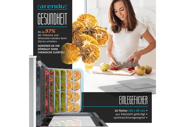 Arendo Dörrautomat Edelstahl, 16 Fächer, Temperaturregler 30°-85°C, Dörrgerät, Dehydrator 1000 W, 16 Etagen, Obst, Fisch, Fleisch Dörrapparat, Obsttrockner, Timer 0,5-24 Stunden