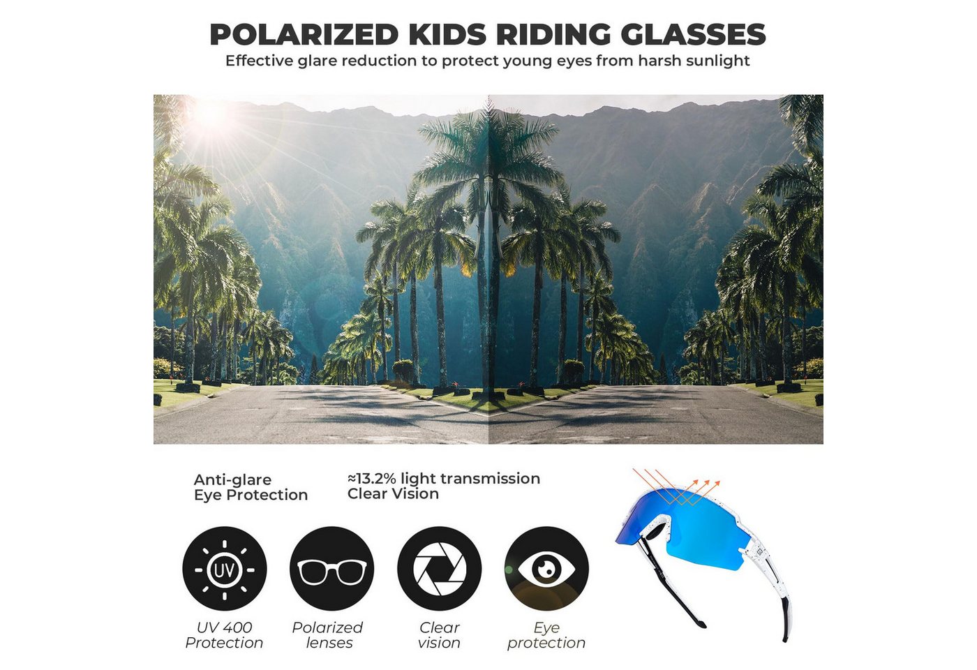 ROCKBROS Fahrradbrille Sportbrille Kinder Outdoor Radfahren Wandern TR90 Rahmen, polarisierte Gläser, UV400 Schutz, winddicht, rutschfest, verstellbar