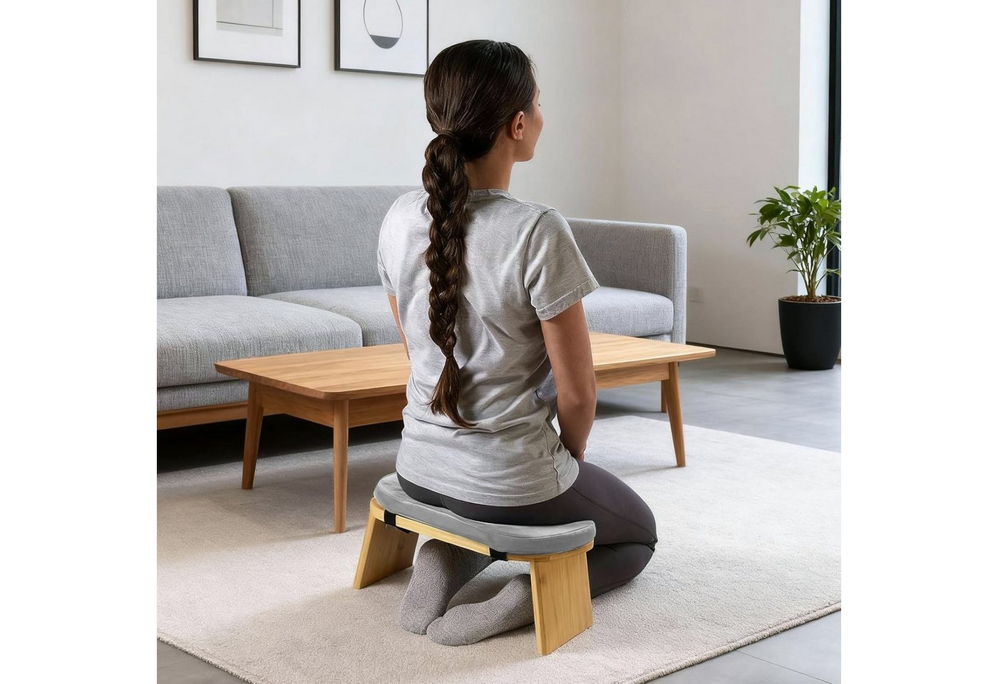 OSTWOLKE Meditationshocker Meditationsbank aus Bambus klappbar, Yoga Hocker Yogabank mit Kissen Bild 2