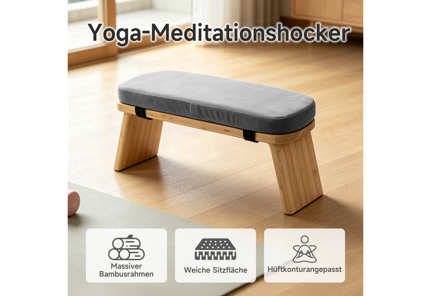 OSTWOLKE Meditationshocker Meditationsbank aus Bambus klappbar, Yoga Hocker Yogabank mit Kissen Bild 3