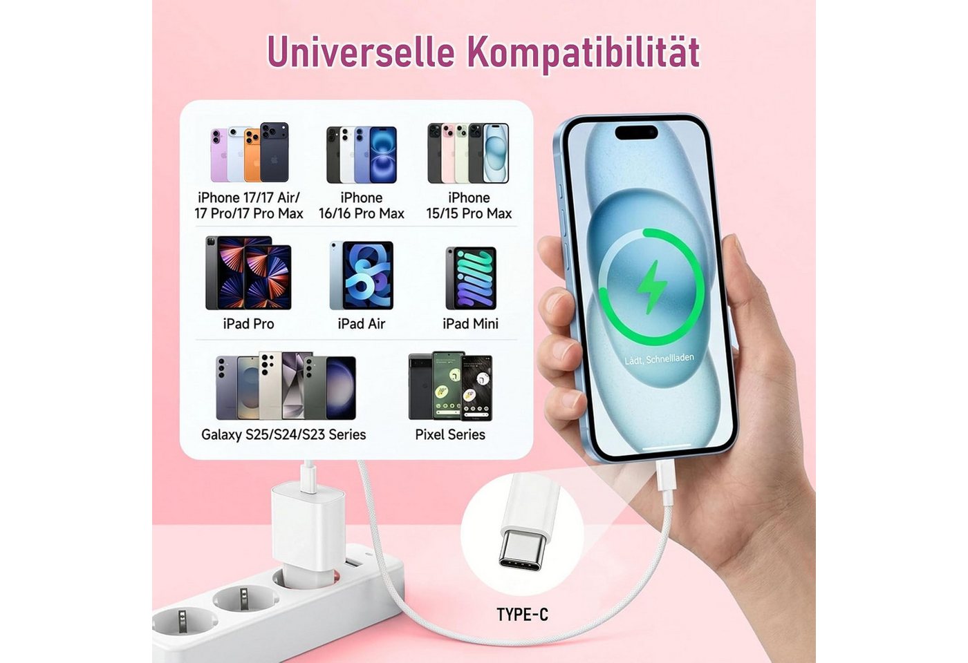 POCOJAO 25W USB-C Ladegerät mit 3m Ladekabel Power Adapter Schnelllade-Gerät (3000 mA, Ladegerät mit Ladekabel, 25W USB-C Netzteil inklusive 3 m Ladekabel, 25 W, USB-C, Power Delivery, 3 m Ladekabel, Schnellladefunktion)