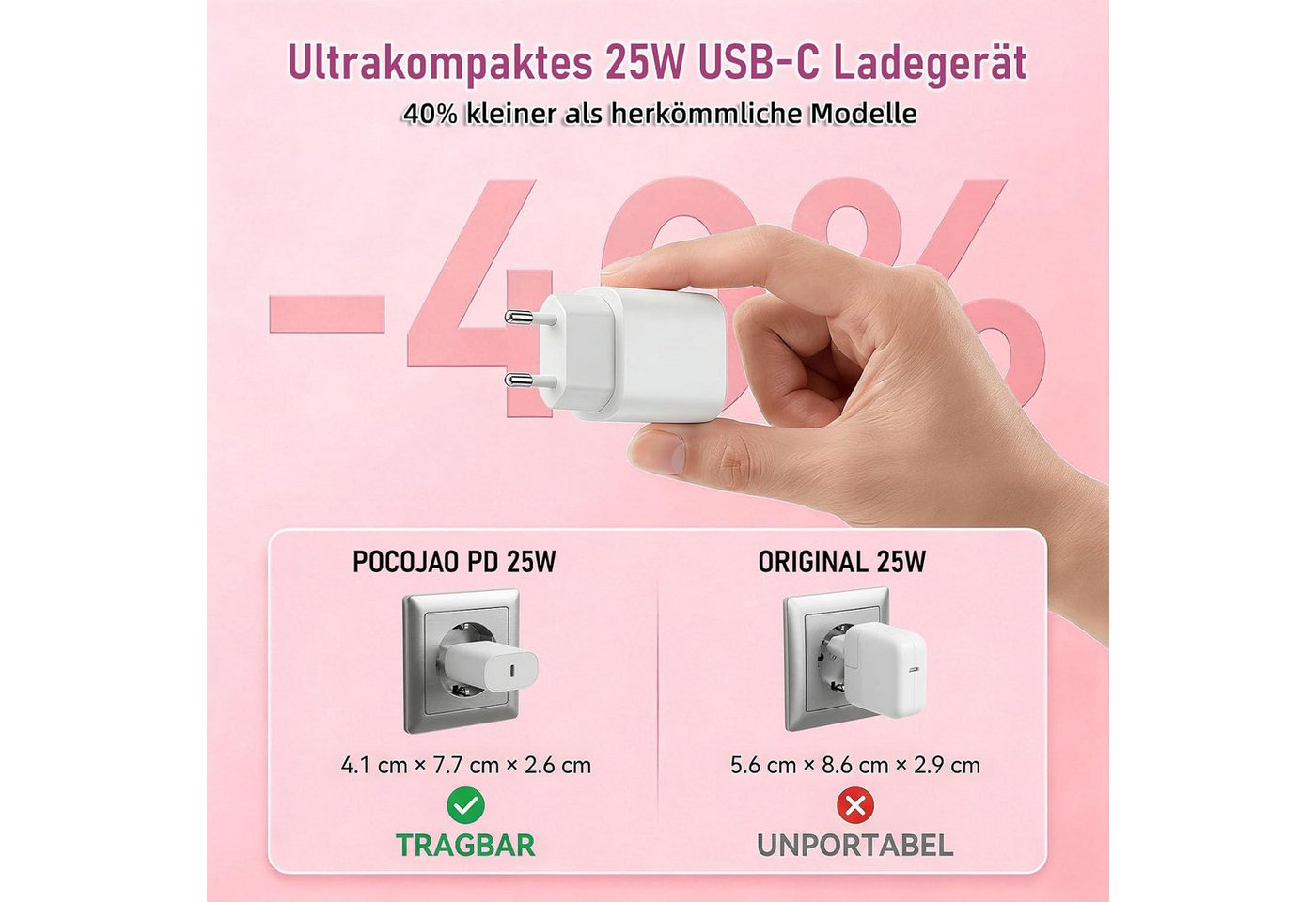 POCOJAO 25W USB-C Ladegerät mit 3m Ladekabel Power Adapter Schnelllade-Gerät (3000 mA, Ladegerät mit Ladekabel, 25W USB-C Netzteil inklusive 3 m Ladekabel, 25 W, USB-C, Power Delivery, 3 m Ladekabel, Schnellladefunktion) Bild 4
