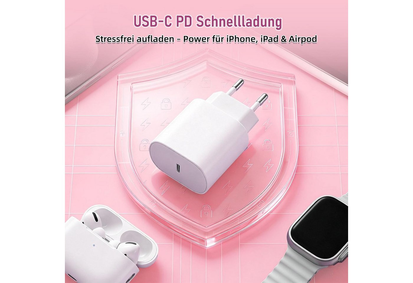 POCOJAO 25W USB-C Ladegerät mit 3m Ladekabel Power Adapter Schnelllade-Gerät (3000 mA, Ladegerät mit Ladekabel, 25W USB-C Netzteil inklusive 3 m Ladekabel, 25 W, USB-C, Power Delivery, 3 m Ladekabel, Schnellladefunktion) Bild 5