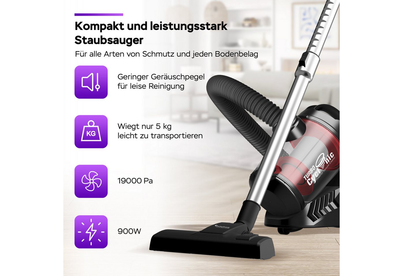 TurboTronic by Z-Line Stielstaubsauger 700 W Staubsauger ohne Beutel, 19 kPa, HEPA Filter, 2,5 l Behälter, 700 W, beutellos, Beutellos, Zyklon Technologie, Kabelaufwicklung und Teleskoprohr Bild 2