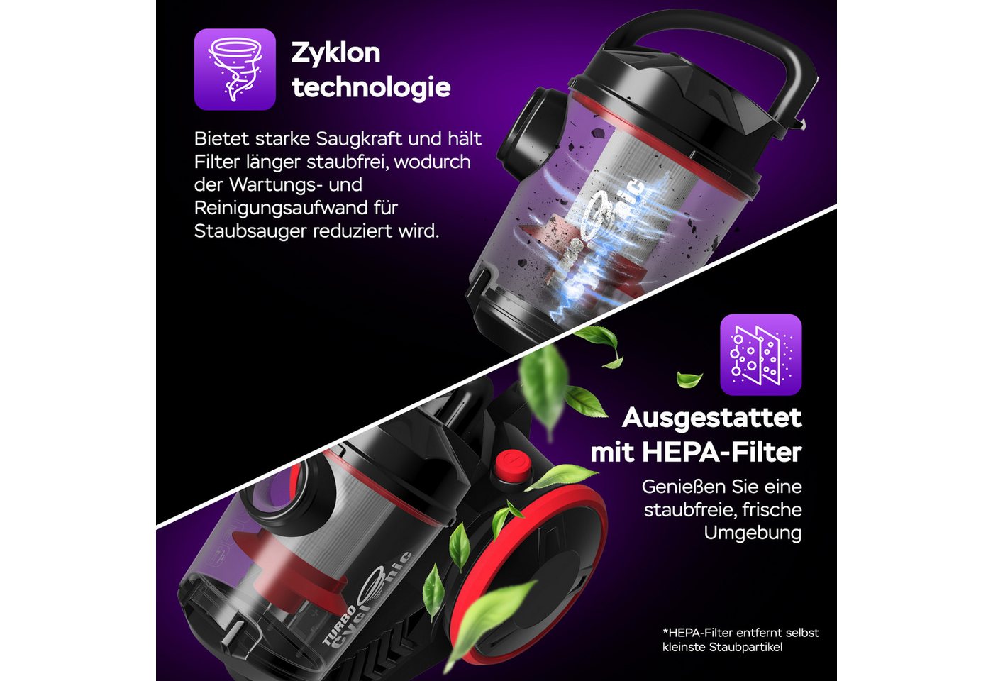 TurboTronic by Z-Line Stielstaubsauger 700 W Staubsauger ohne Beutel, 19 kPa, HEPA Filter, 2,5 l Behälter, 700 W, beutellos, Beutellos, Zyklon Technologie, Kabelaufwicklung und Teleskoprohr Bild 5