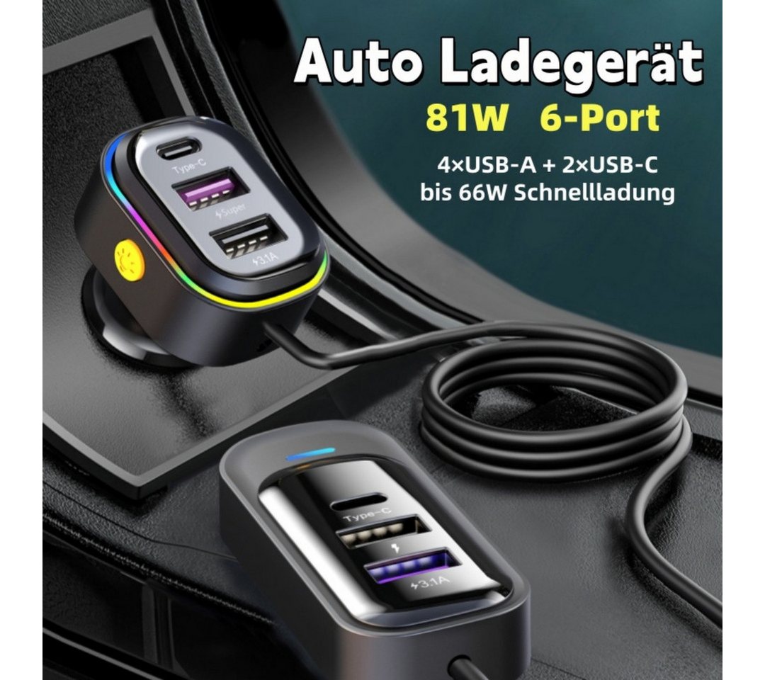 neue dawn Auto Ladegerät 66W Schnellladegerät USB C Zigarettenanzünder Adapter KFZ-Netzteil (KFZ 66W Schnellladegerät, 6 Port, 4*USB A + 2*Type C, USB C Ladegeräte) Bild 4