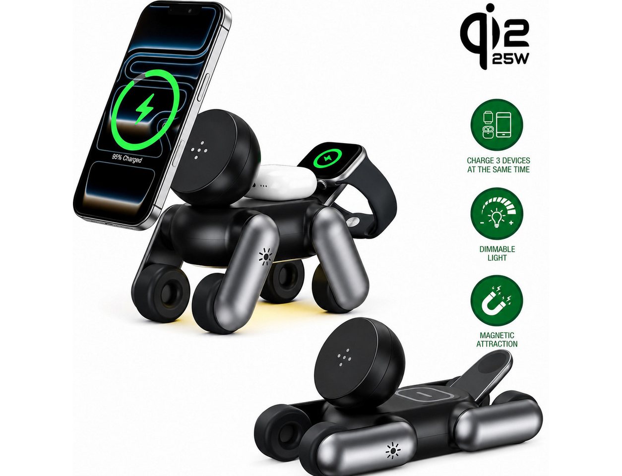 Toomoke Ladegerät, 4-in-1 MagSafe Ladestation, Wireless Charger, induktives Ladestation (25W Qi2.2 Schnellladung, magnetische Wireless Charger Station kompatibel, mit iPhone 17–12 Serie, Apple Watch und AirPods, für iPhone, Apple Watch, AirPods, faltbar mit LED-Nachtlicht) Bild 4