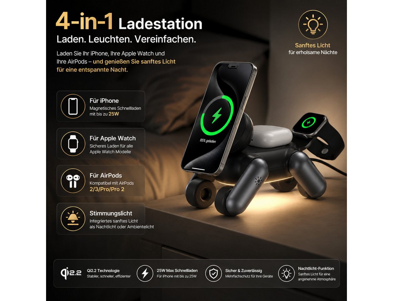 Toomoke Ladegerät, 4-in-1 MagSafe Ladestation, Wireless Charger, induktives Ladestation (25W Qi2.2 Schnellladung, magnetische Wireless Charger Station kompatibel, mit iPhone 17–12 Serie, Apple Watch und AirPods, für iPhone, Apple Watch, AirPods, faltbar mit LED-Nachtlicht) Bild 5