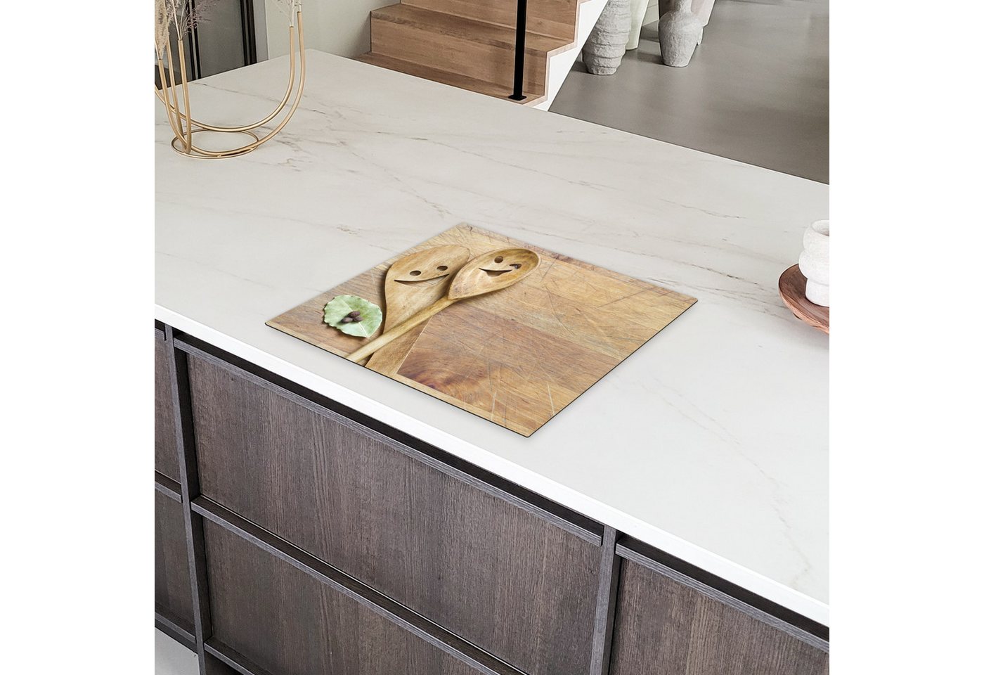 MuchoWow Herd-Abdeckplatte Holz - Löffel - Braun - Smiley, Vinyl, (1 tlg), Küche Herdabdeckplatte Ceranfeld Vinyl Einteilig, 59x52 cm Bild 3
