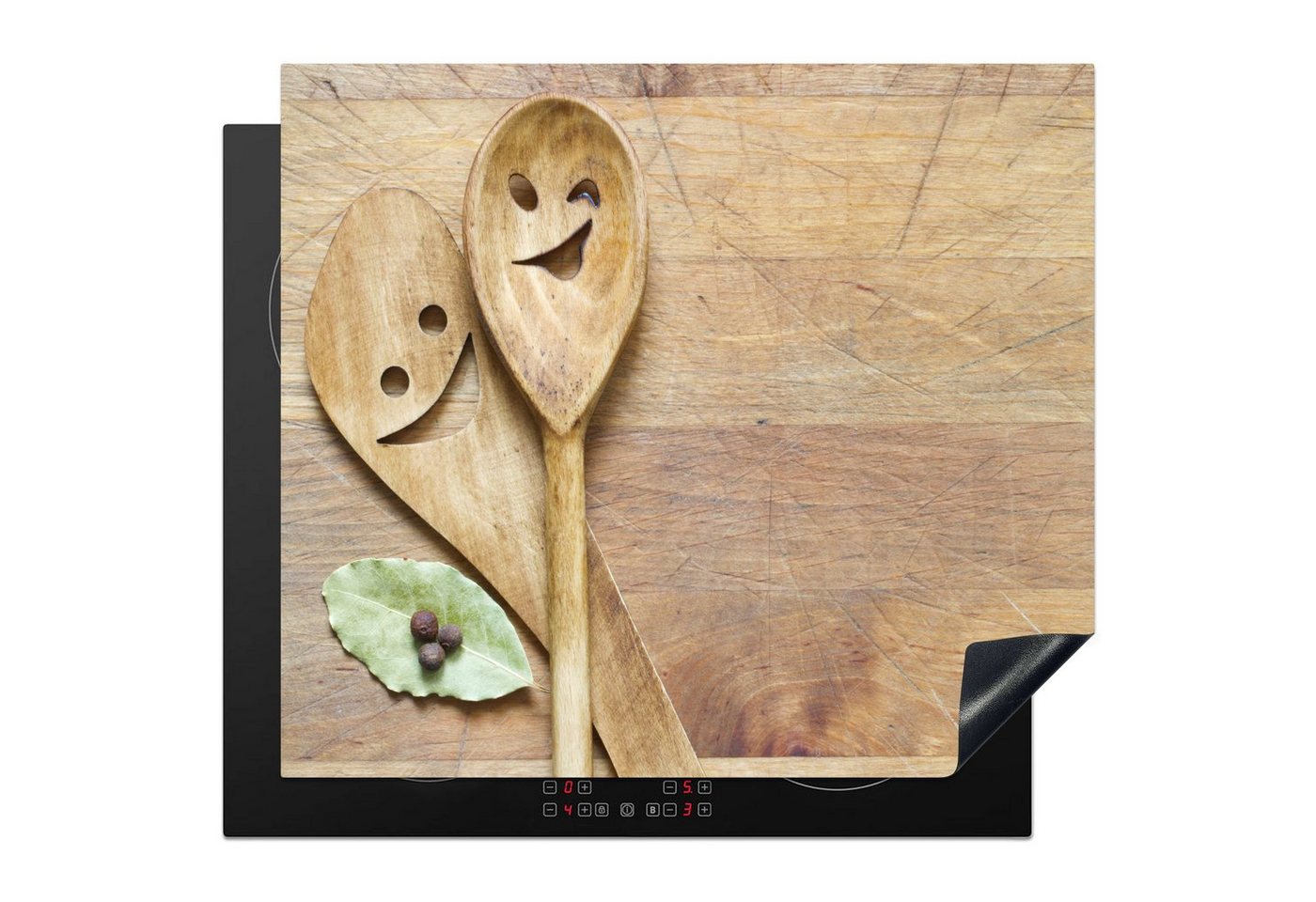 MuchoWow Herd-Abdeckplatte Holz - Löffel - Braun - Smiley, Vinyl, (1 tlg), Küche Herdabdeckplatte Ceranfeld Vinyl Einteilig, 59x52 cm Bild 5
