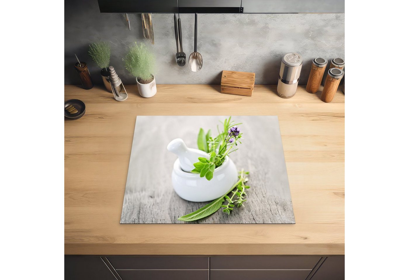 MuchoWow Herd-Abdeckplatte Kräuter - Grün - Weiß - Glas, Vinyl, (1 tlg), Cerankochfeld Abdeckung, Herd Abdeckplatten Vinyl, 58.3x51.3 cm Bild 2