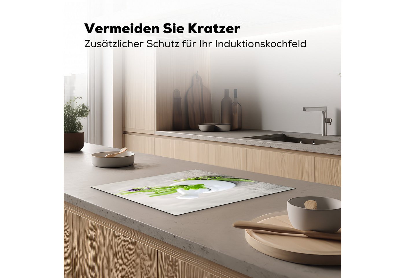 MuchoWow Herd-Abdeckplatte Kräuter - Grün - Weiß - Glas, Vinyl, (1 tlg), Cerankochfeld Abdeckung, Herd Abdeckplatten Vinyl, 58.3x51.3 cm Bild 4