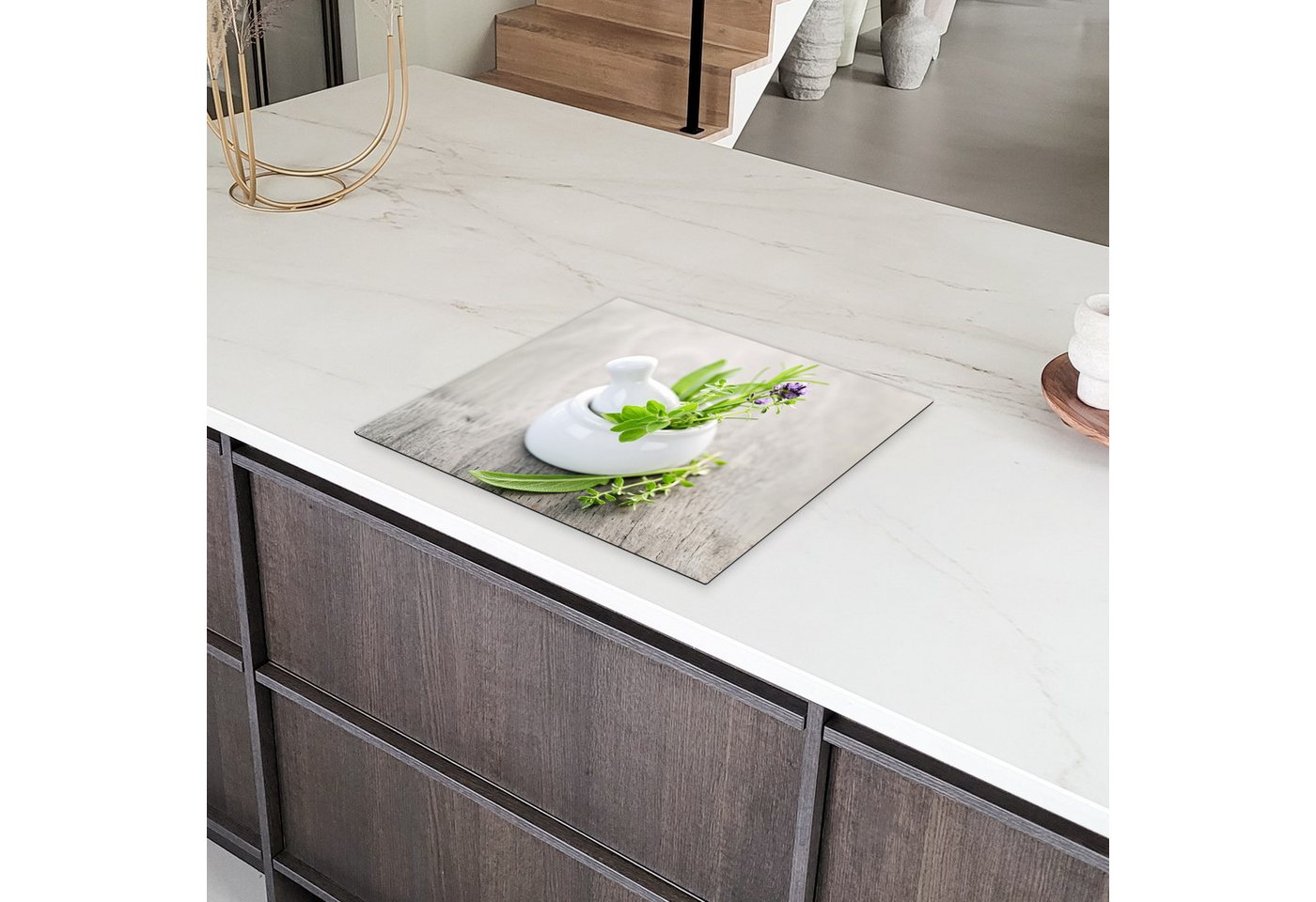 MuchoWow Herd-Abdeckplatte Kräuter - Grün - Weiß - Glas, Vinyl, (1 tlg), Cerankochfeld Abdeckung, Herd Abdeckplatten Vinyl, 58.3x51.3 cm Bild 5