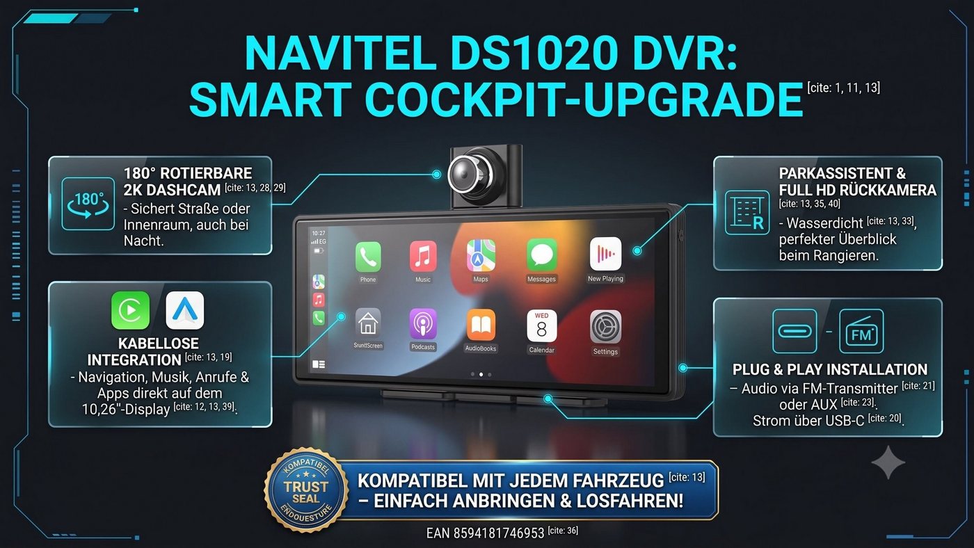 NAVITEL 10,26" Multimedia Display CarPlay Android Auto Dashcam Kamera Autoradio (FM-Transmitter (Audio-Übertragung auf das Fahrzeugradio), Bluetooth Audio (BT A2DP), 2K Dashcam, 180° rotierbar, Wireless CarPlay, Parkassistent) Bild 2