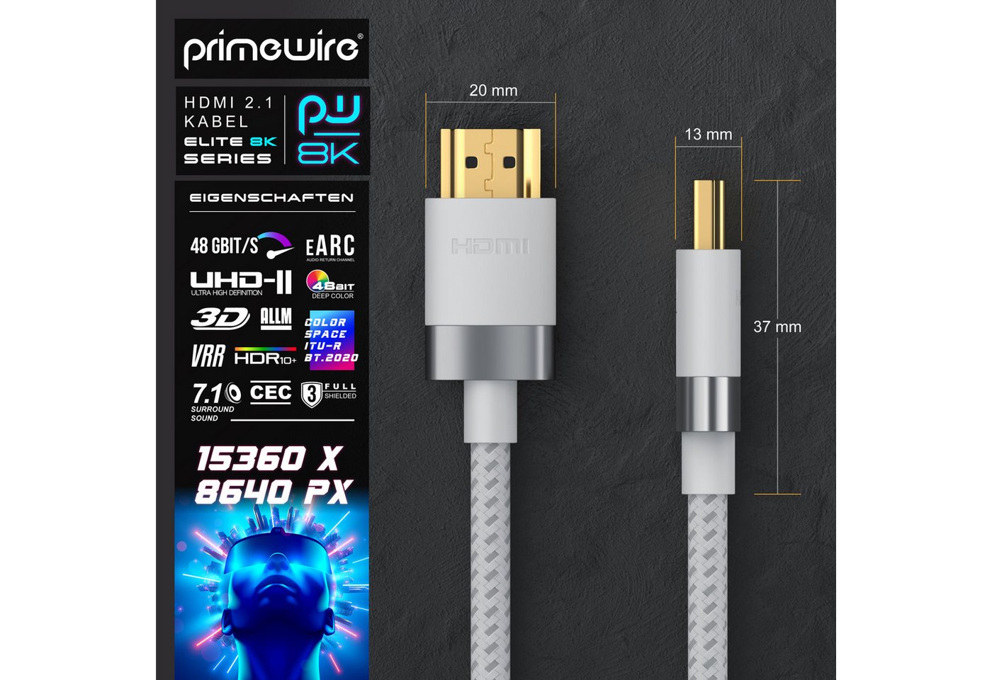 Primewire 16k HDMI Kabel 2.1+, 16k@30Hz 8k@60Hz 4k@120Hz, UHD II, HDMI-Kabel, 2.1, HDMI Typ A (25 cm), Ultra High Speed Ethernet 48Gbps, HDR 10+ eARC 3D VRR, 0,25m Bild 3