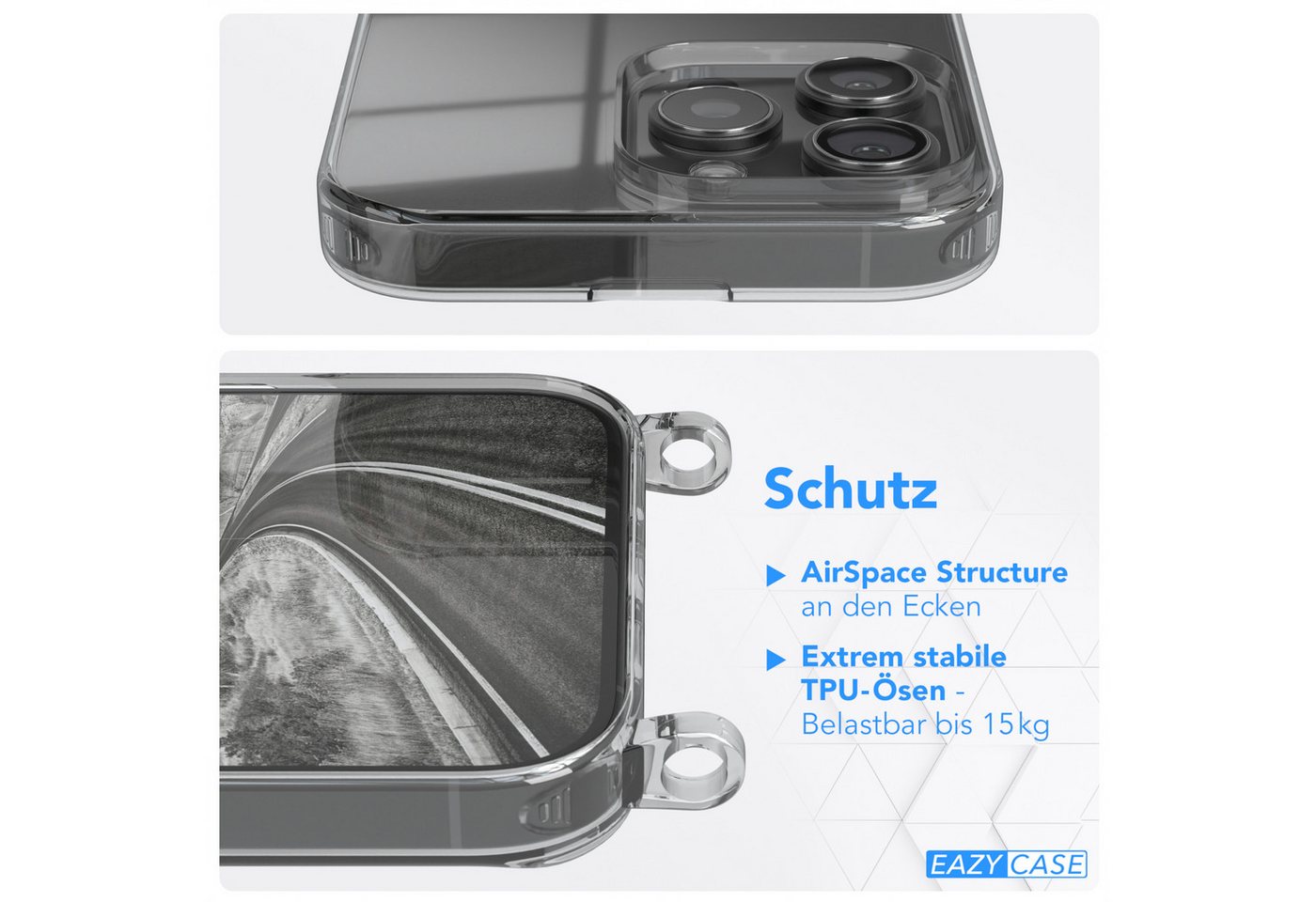 EAZY CASE Handykette Hülle mit Kette für Apple iPhone 16 Pro Max 6,9 Zoll, Slimcover Handykette Hülle mit Band Handykordel Clear Case Slim Grau Bild 3