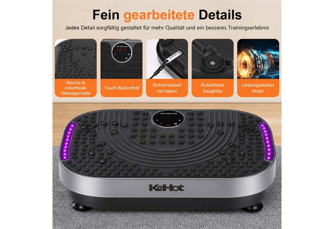 kehot Vibrationsplatte Vibrationsplatte mit Magnetmassage, LED-Licht, Ganzkörpertraining Home, 200 W, 120 Intensitätsstufen, mit 4+1 Trainingsmodi, Trainingsbändern, Muskelaufbau,Fitness Training