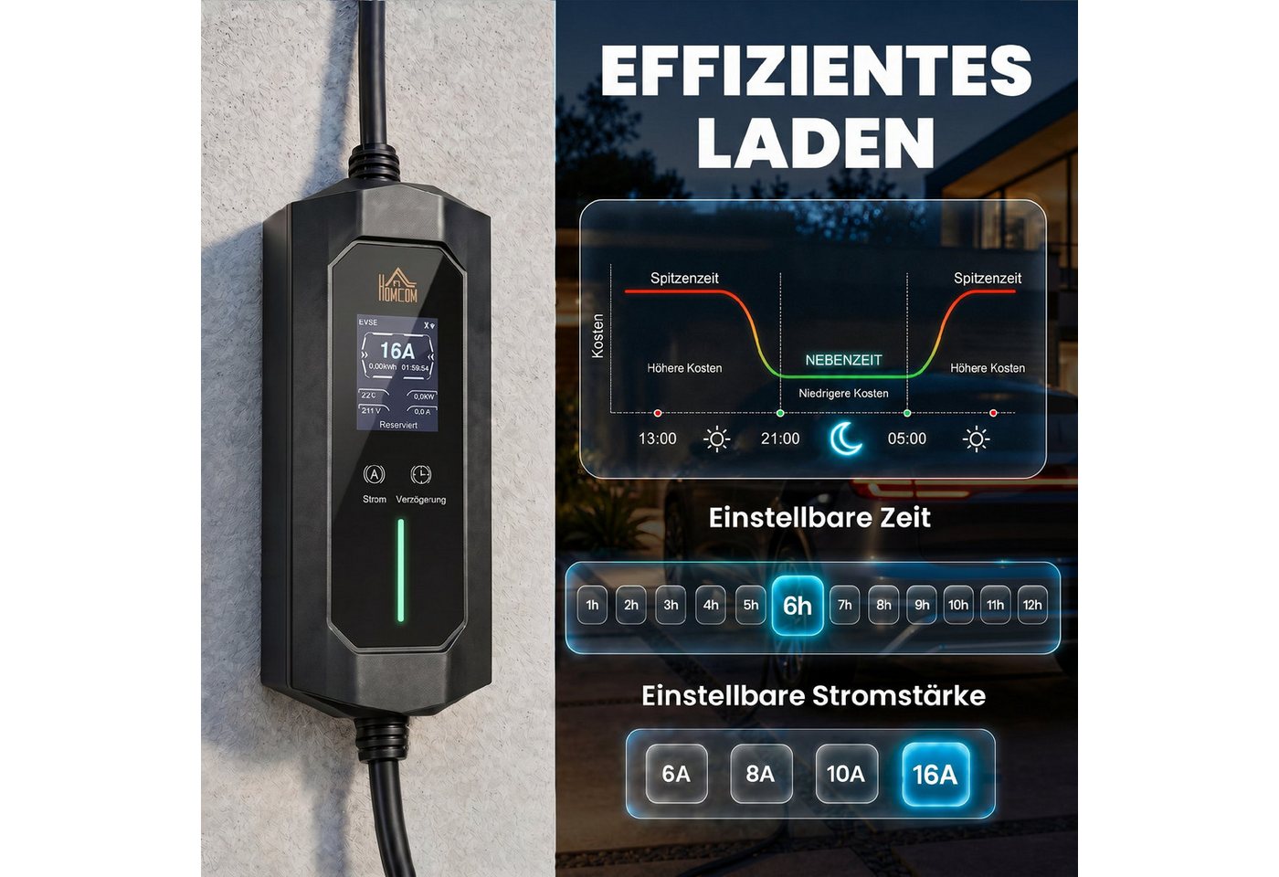 HOMCOM Tragbare Wallbox mit Tasche Autoladekabel, CEE 16A rot, Typ 2, Typ 2, CEE 16A (800 cm), 8 m, 11 kW, IP65, Timer 1–12 h, LCD