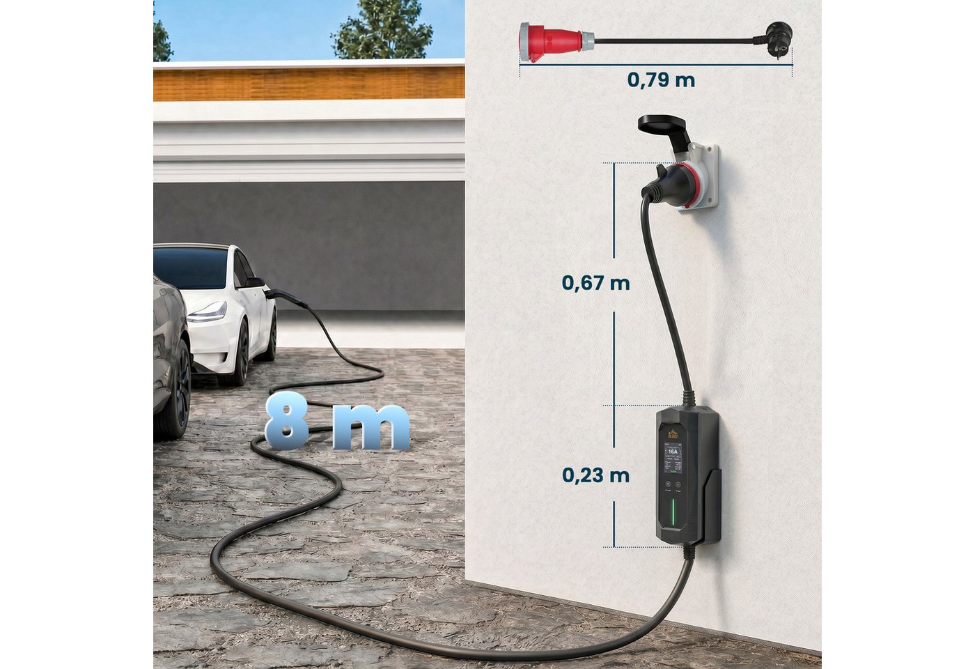 HOMCOM Tragbare Wallbox mit Tasche Autoladekabel, CEE 16A rot, Typ 2, Typ 2, CEE 16A (800 cm), 8 m, 11 kW, IP65, Timer 1–12 h, LCD Bild 2