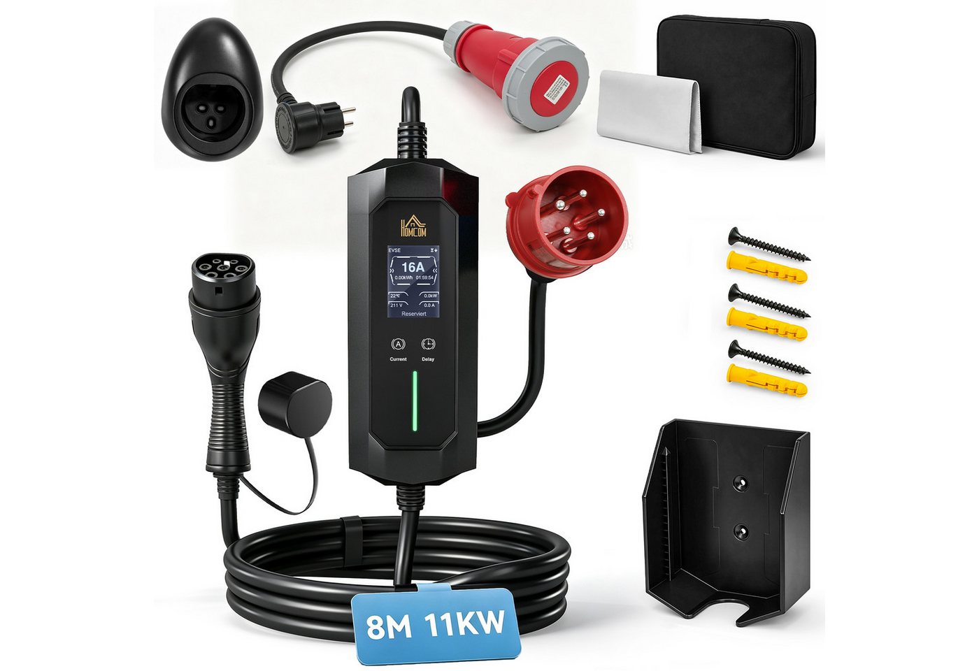 HOMCOM Tragbare Wallbox mit Tasche Autoladekabel, CEE 16A rot, Typ 2, Typ 2, CEE 16A (800 cm), 8 m, 11 kW, IP65, Timer 1–12 h, LCD Bild 3