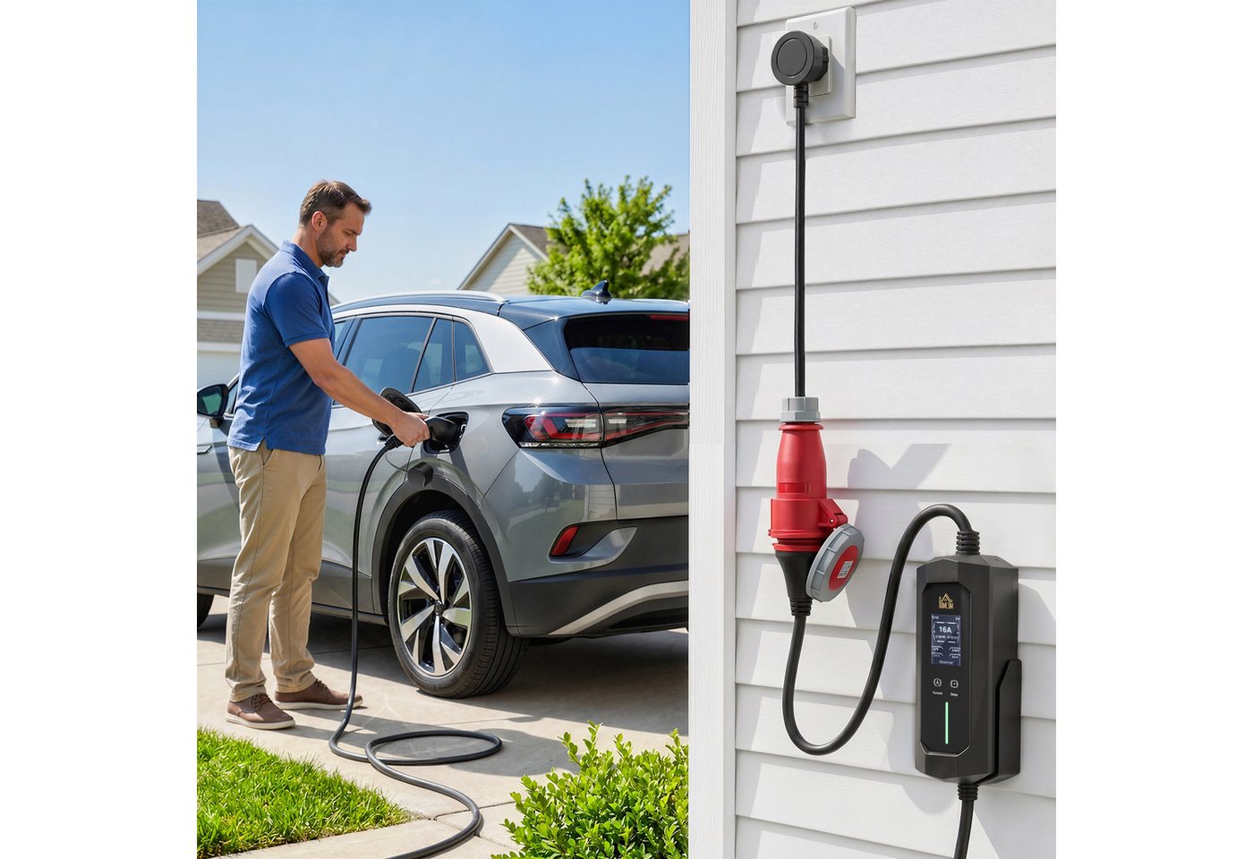 HOMCOM Tragbare Wallbox mit Tasche Autoladekabel, CEE 16A rot, Typ 2, Typ 2, CEE 16A (800 cm), 8 m, 11 kW, IP65, Timer 1–12 h, LCD Bild 4
