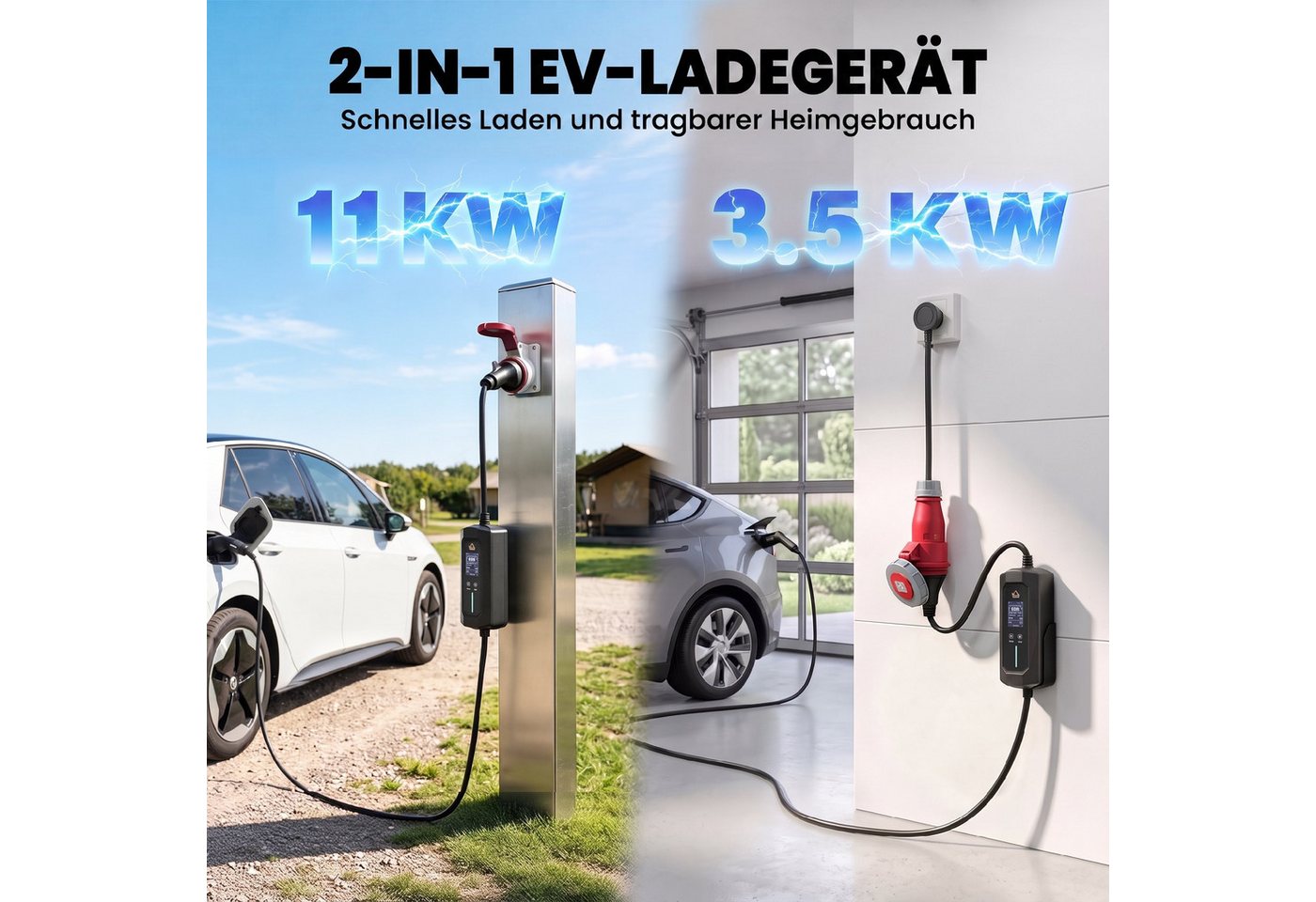 HOMCOM Tragbare Wallbox mit Tasche Autoladekabel, CEE 16A rot, Typ 2, Typ 2, CEE 16A (800 cm), 8 m, 11 kW, IP65, Timer 1–12 h, LCD Bild 5