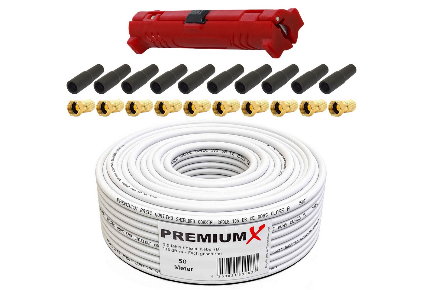PremiumX 50m BASIC Koaxialkabel 135dB 4-fach SAT Kabel Montage Set SAT-Kabel