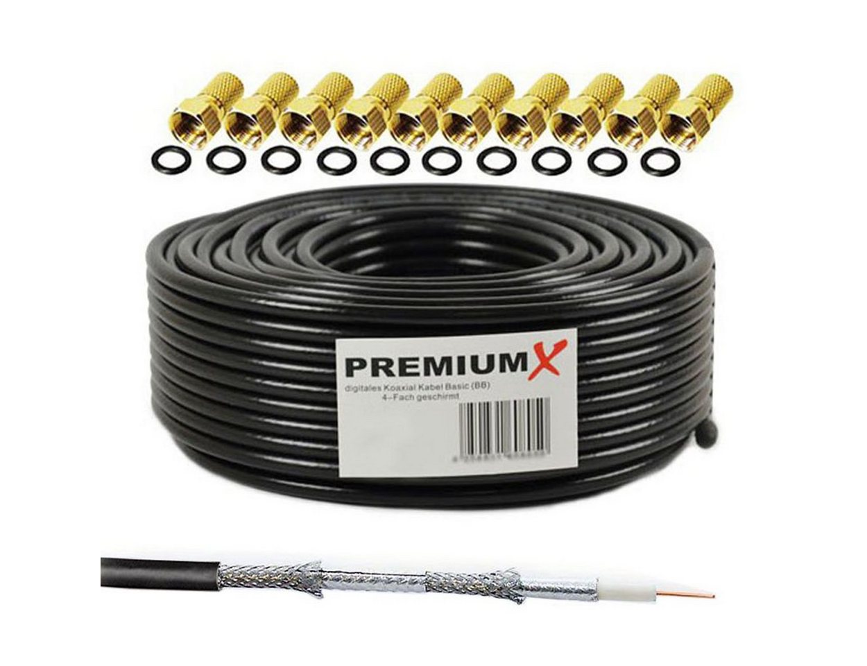 PremiumX 50m BASIC Koaxialkabel schwarz 135dB 4-fach SAT Kabel 10x F-Stecker SAT-Kabel Bild 2