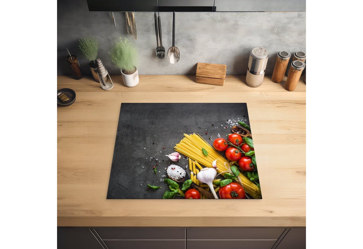 MuchoWow Herd-Abdeckplatte Nudeln - Kräuter - Tomate - Gewürze - Rustikal, Vinyl, (1 tlg), Ceranfeldabdeckung Küche, Herdabdeckplatte Einteilig, 60x52 cm Bild 5