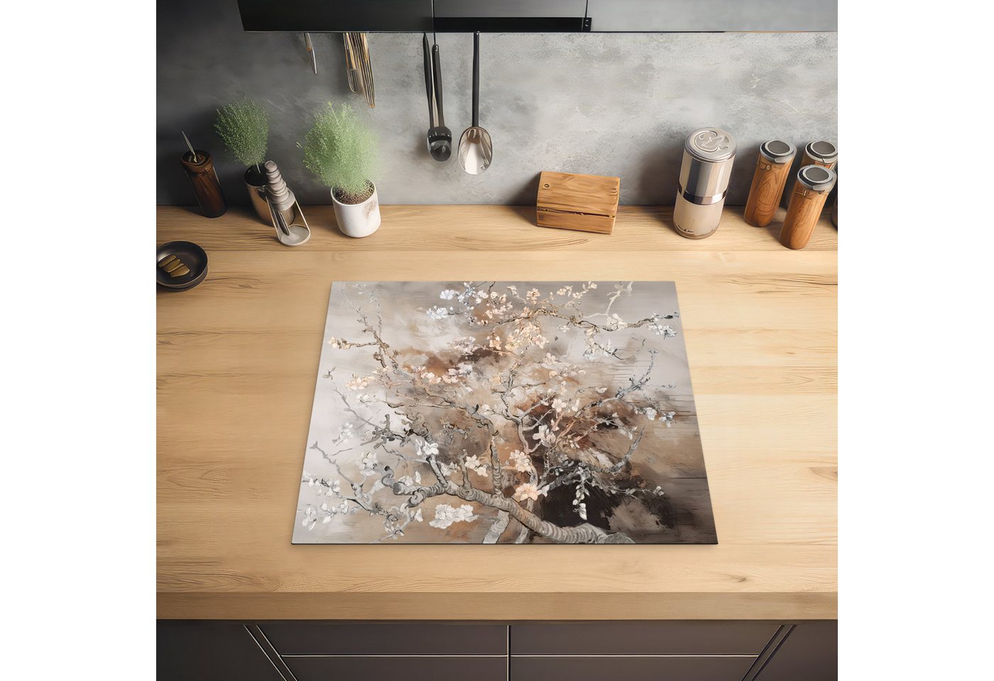 MuchoWow Herd-Abdeckplatte Mandelblüte - Van Gogh - Beige - Abstrakt, Vinyl, (1 tlg), Abdeckplatte für Ceranfeld, Herd Inductionsmatte, 60x50 cm