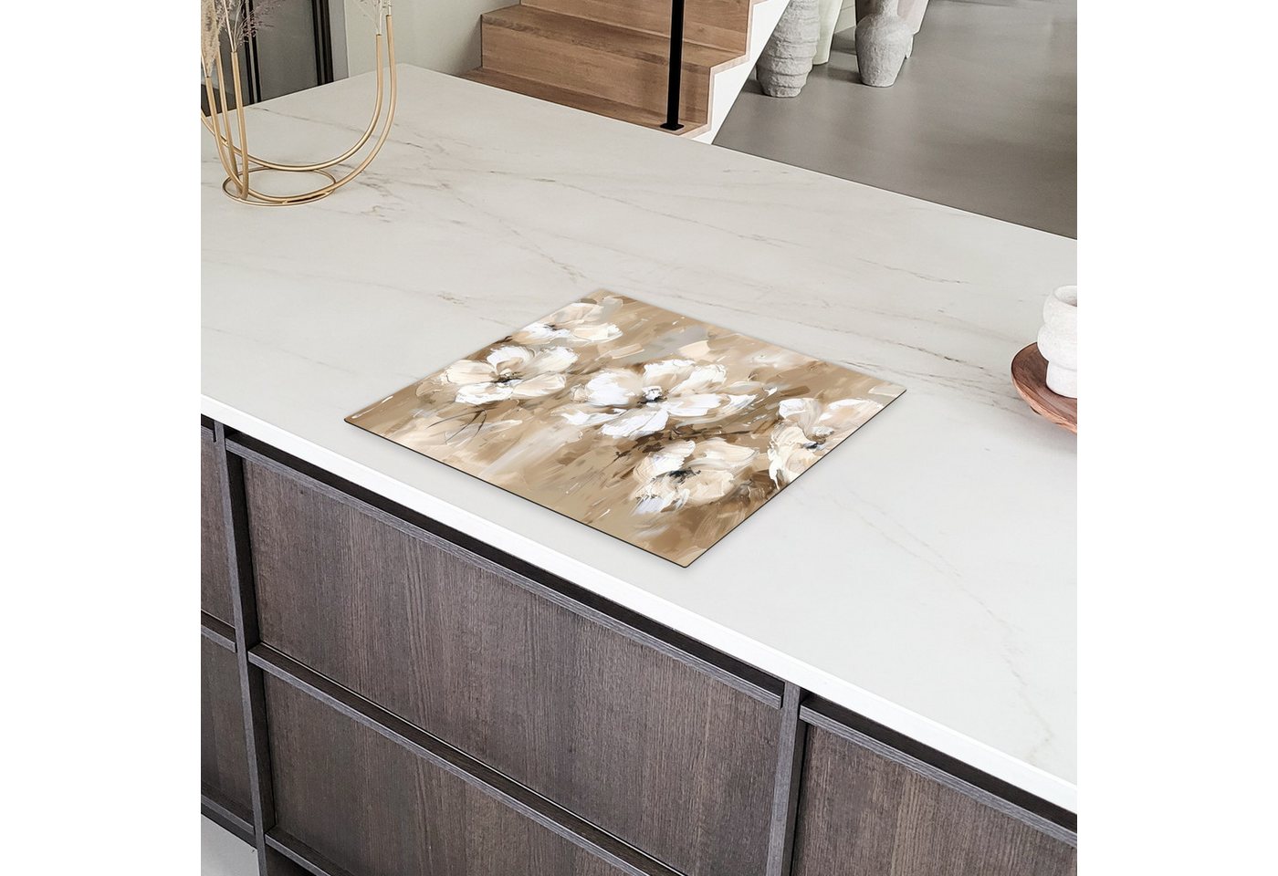 MuchoWow Herd-Abdeckplatte Beige - Blumen - Abstrakt - Modern, Vinyl, (1 tlg), Ceranfeldabdeckung Küche, Herdabdeckplatte Einteilig, 60x52 cm
