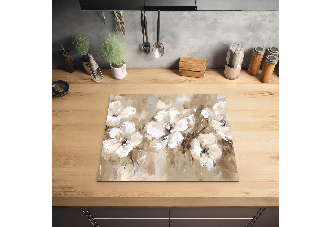 MuchoWow Herd-Abdeckplatte Beige - Blumen - Abstrakt - Modern, Vinyl, (1 tlg), Ceranfeldabdeckung Küche, Herdabdeckplatte Einteilig, 60x52 cm Bild 2