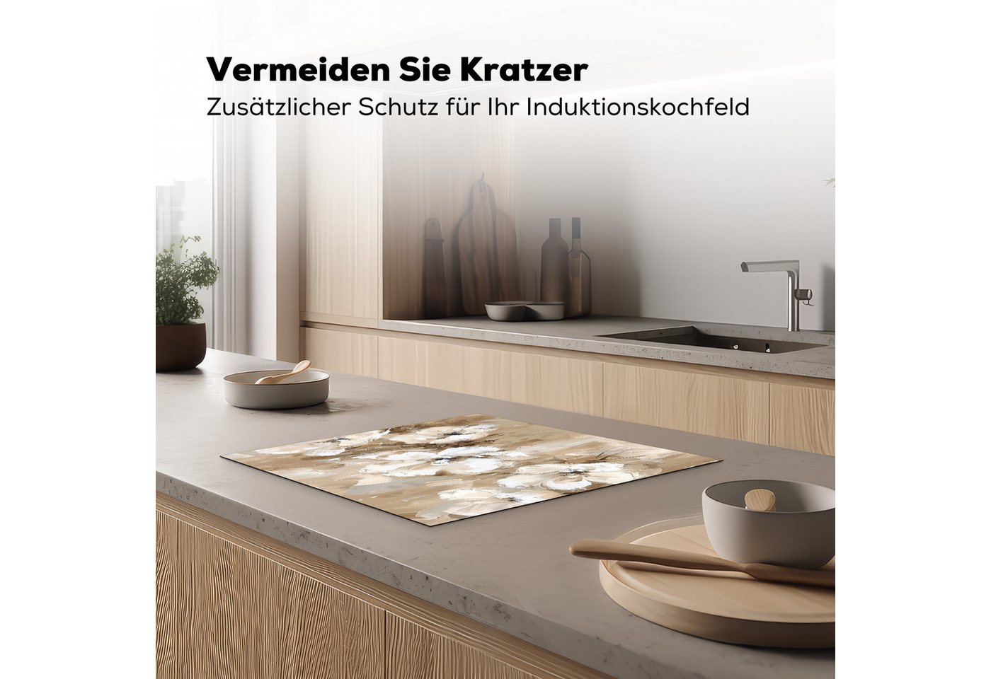 MuchoWow Herd-Abdeckplatte Beige - Blumen - Abstrakt - Modern, Vinyl, (1 tlg), Ceranfeldabdeckung Küche, Herdabdeckplatte Einteilig, 60x52 cm Bild 5