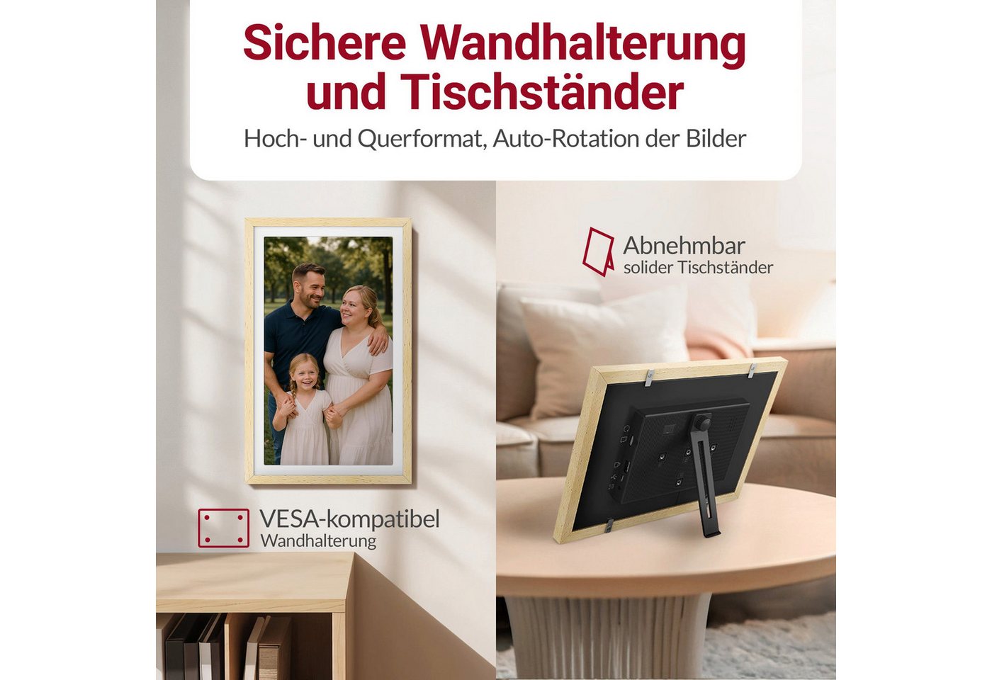 Xoro CPF 15PF - Digitaler WLAN Bilderrahmen in Buchenholz Digitaler Bilderrahmen (38,1 cm/15 ", 1920 × 1080 Pixel, 32 GB, Wetter‑/Uhrfunktion, Lautsprecher und vielseitige Medienformate)