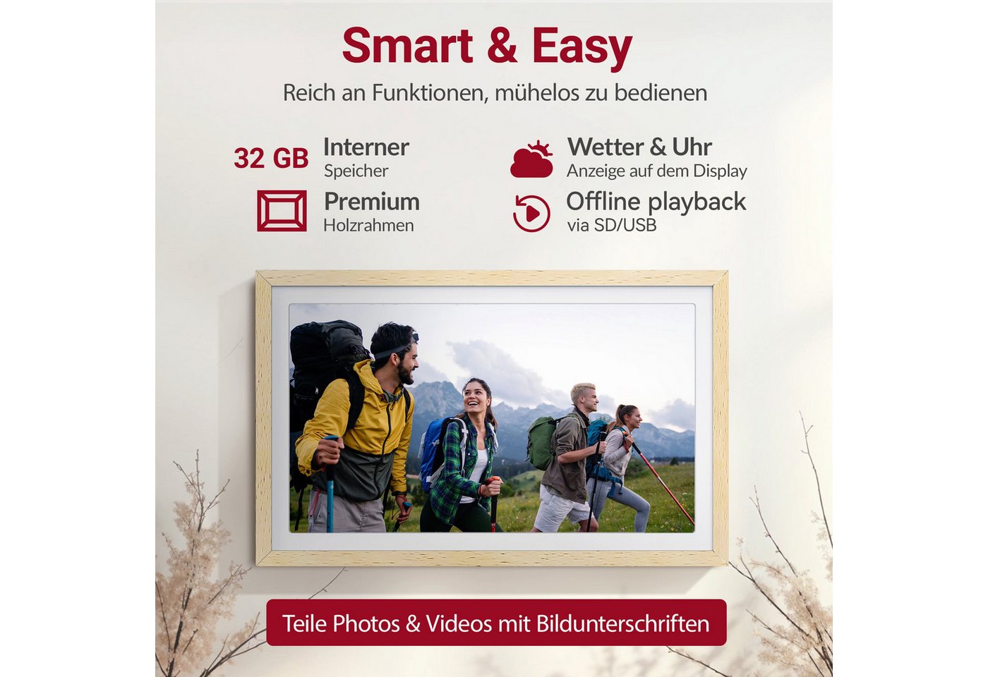 Xoro CPF 15PF - Digitaler WLAN Bilderrahmen in Buchenholz Digitaler Bilderrahmen (38,1 cm/15 ", 1920 × 1080 Pixel, 32 GB, Wetter‑/Uhrfunktion, Lautsprecher und vielseitige Medienformate) Bild 4