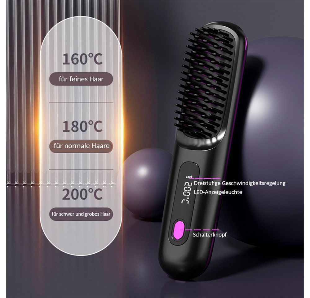 Fine Life Pro Haarglättbürste kabelloser Haarglätter, Stylingbürste, 3 Temperaturstufen, 3 Temperaturstufen, Negativ-Ionen-Technologie, glänzende Haare