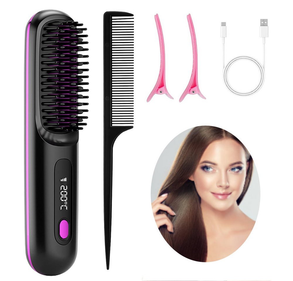 Fine Life Pro Haarglättbürste kabelloser Haarglätter, Stylingbürste, 3 Temperaturstufen, 3 Temperaturstufen, Negativ-Ionen-Technologie, glänzende Haare Bild 2
