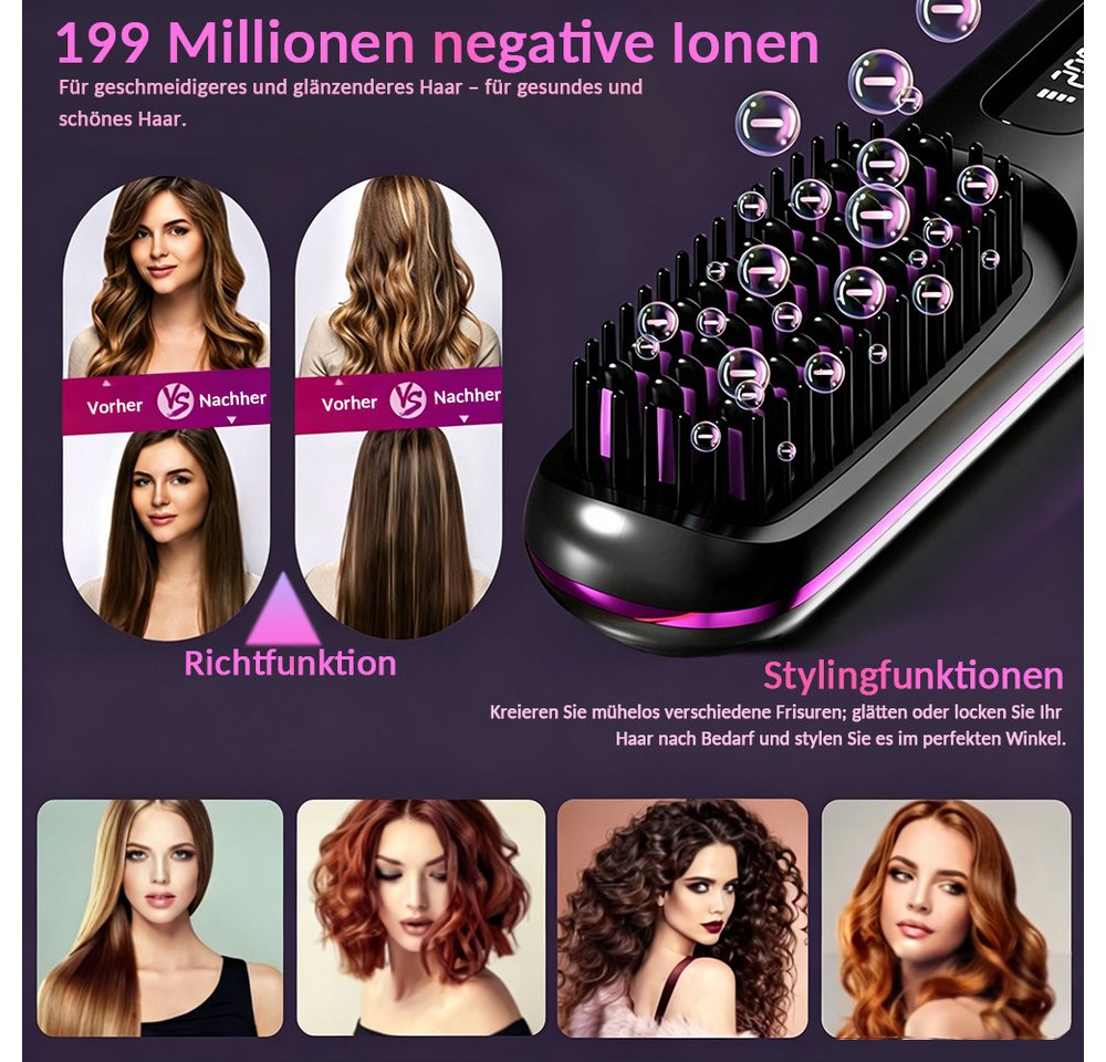 Fine Life Pro Haarglättbürste kabelloser Haarglätter, Stylingbürste, 3 Temperaturstufen, 3 Temperaturstufen, Negativ-Ionen-Technologie, glänzende Haare Bild 4