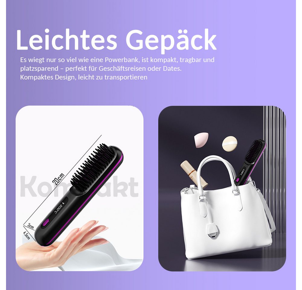 Fine Life Pro Haarglättbürste kabelloser Haarglätter, Stylingbürste, 3 Temperaturstufen, 3 Temperaturstufen, Negativ-Ionen-Technologie, glänzende Haare Bild 5