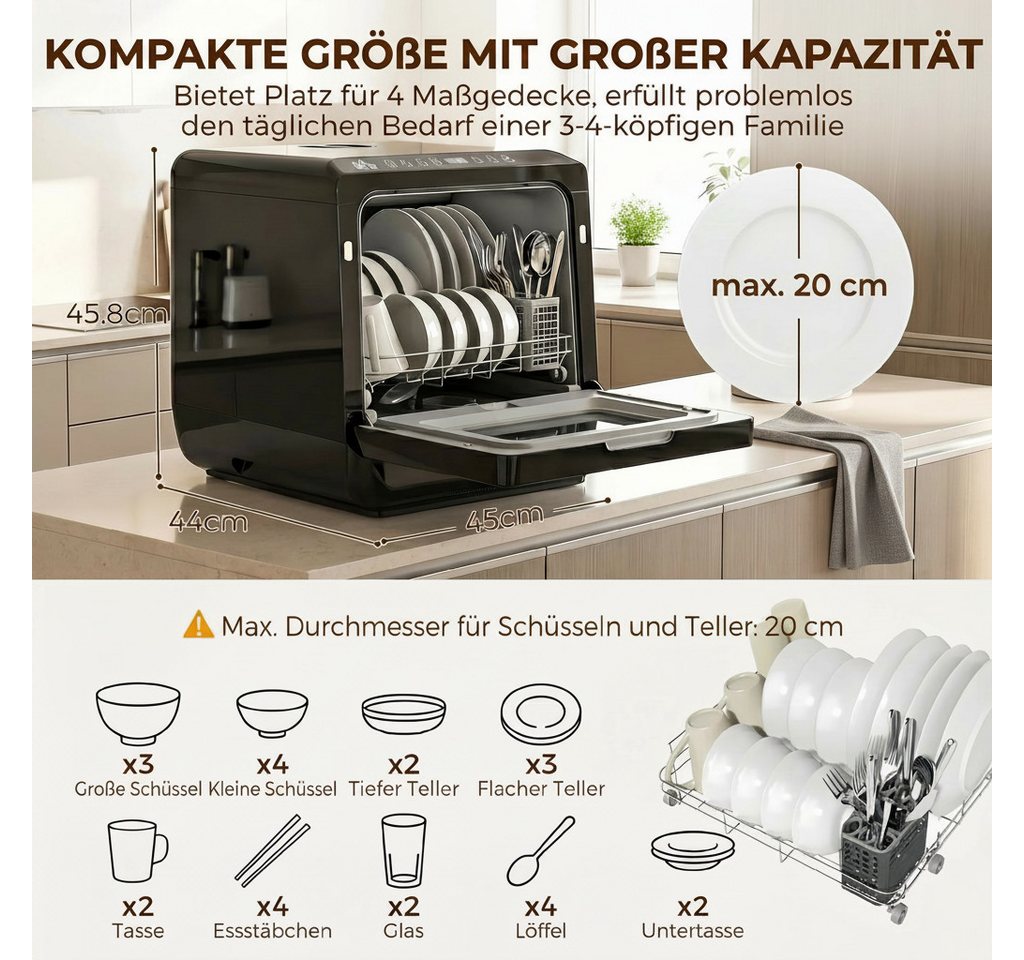kowdom Tischgeschirrspüler 800-268V90, 4 Maßgedecke, LED, Trocknung, 6L-Tank, freistehend, ohne Wasseranschluss Bild 4