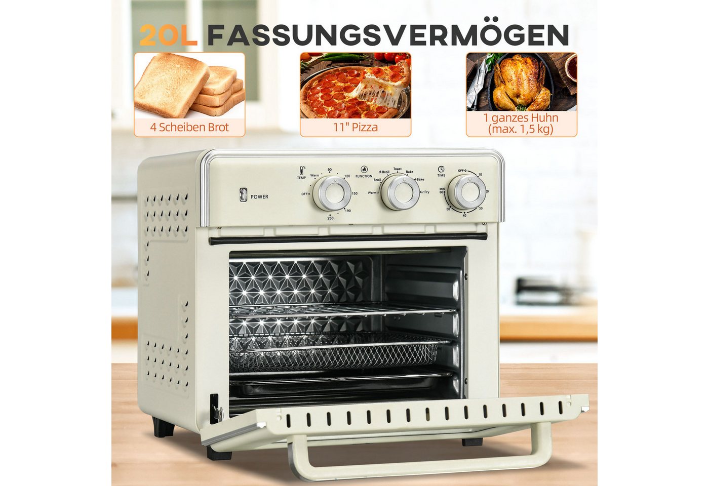 kowdom Minibackofen Mini Backofen 5-in-1, 20 L, 1400W, Timer 60 Min., cremeweiß, Mini Backofen, 5-in-1, 20 L, 1400 W, Timer 60 Min. Bild 2