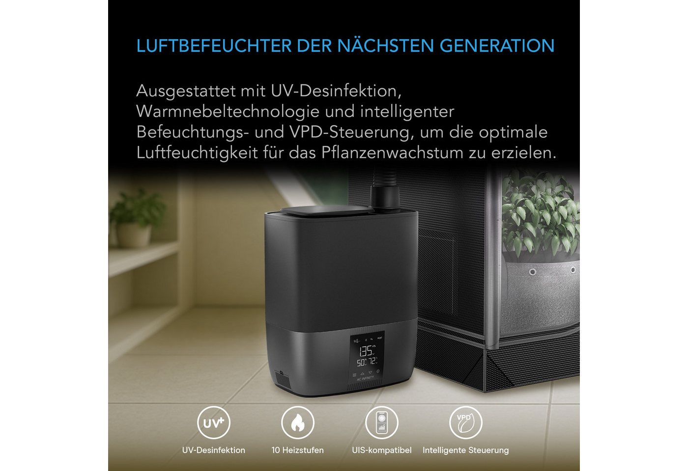 AC INFINITY Luftbefeuchter Cloudforge, 9 l Wassertank, Warm- und Kaltnebel-Luftbefeuchter mit VPD- und Feuchtigkeitssteuerung