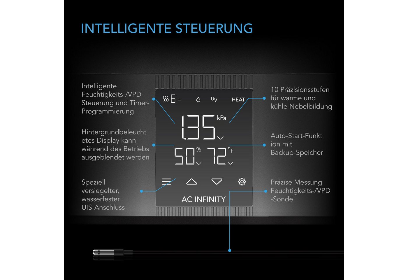 AC INFINITY Luftbefeuchter Cloudforge, 9 l Wassertank, Warm- und Kaltnebel-Luftbefeuchter mit VPD- und Feuchtigkeitssteuerung Bild 2