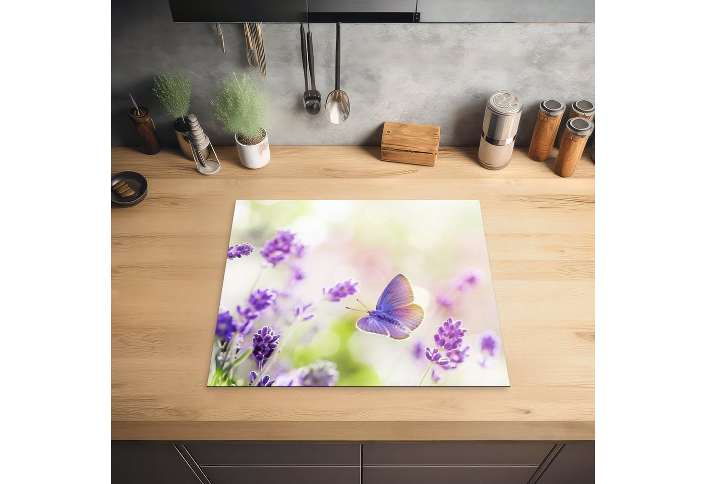 MuchoWow Herd-Abdeckplatte Lavendel - Schmetterling - Blumen, Vinyl, (1 tlg), Abdeckplatte für Ceranfeld, Herd Inductionsmatte, 57.6x51.6 cm