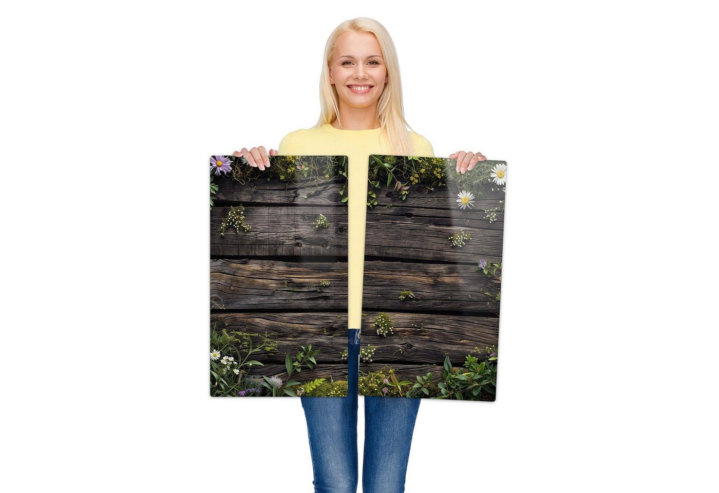 Primedeco Herd-Abdeckplatte Herdabdeckplatte Spritzschutz aus Glas Holz mit Blumen, Glas, (2 tlg)